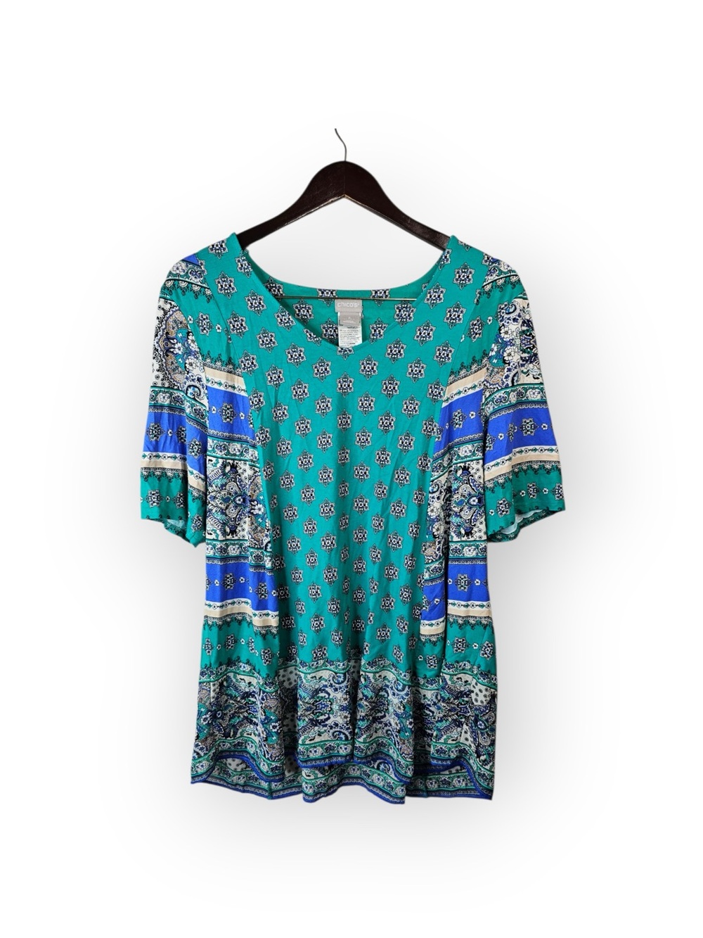 Chico's Teal Mandala Print Short Sleeve Top Size 3 XL Mixed Media - Picture 2 of 5